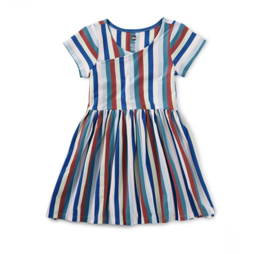 NWT Tea Collection Short Sleeve Wrap Neck Dress Striped  Size 12